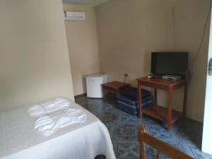 塔里图巴Estalagem São Gonçalo的一间卧室配有一张床和一张书桌及电视