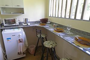 卡瓦坎特Chalés Pássaros do Cerrado的厨房配有带冰箱和微波炉的柜台。