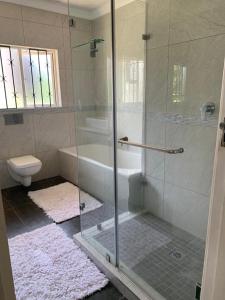 斯科特堡White House lodge in Scotburgh的一间带玻璃淋浴和卫生间的浴室