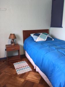 维纳德马Viña Colores的一间卧室配有蓝色的床和带灯的床头柜