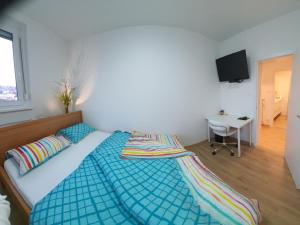 卢布尔雅那Ljubljana sky view的一间卧室配有一张床、一张书桌和一台电视