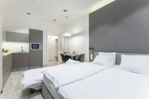 布拉格Lampi Hotel Prague的酒店客房带两张床和厨房