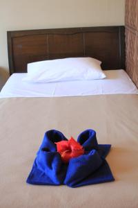 维拉港City Lodge的床上的蓝色毛巾和红星
