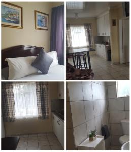 克鲁格斯多普Amberlight Self Catering Accommodation的厨房以及配有水槽和卫生间的房间的三张图片