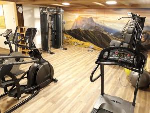 卡斯特尔罗托卡斯特奥斯瓦尔德冯沃尔肯酒店的健身房设有数台跑步机和一幅画