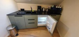 坎佩尔Appartement Studio Prieuré的一间带开放式冰箱和水槽的小厨房
