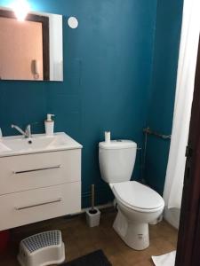 维拉尔-德朗Appartement centre village的浴室设有白色卫生间和蓝色的墙壁。