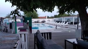 Byal IzvorGuest House KOLESHEVI的游泳池周围设有白色躺椅