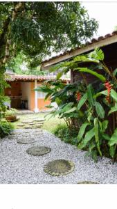 博西坎加Boiçucanga litoral Norte的一座花园,花园内有岩石,房屋和灌木丛