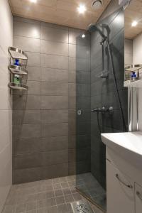罗瓦涅米Piriko Studio Apartments的浴室里设有玻璃门淋浴