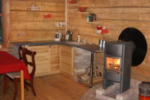 特拉凯特拉库地平线酒店的小屋内的厨房配有燃木炉