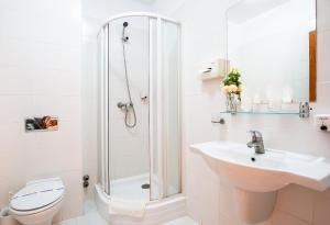萨图马雷Hotel Dana 2的带淋浴、盥洗盆和卫生间的浴室