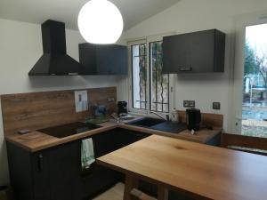 阿维尼翁新城Chambre avec tout le confort d'un appartement的厨房配有水槽和木桌