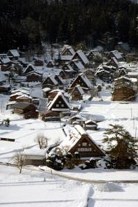 南砺五箇山温泉赤尾馆旅馆的积雪覆盖着房屋的村庄