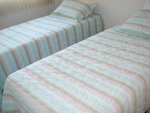 戈亚尼亚Flats Service Bueno的床上有条纹毯子