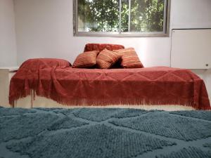 埃塞萨Los Arboles, casa completa a 5 minutos del Aeropuerto Ezeiza的一张带红色毯子的床和两个枕头