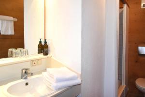 普夫龙滕Alps Hostel的浴室配有盥洗盆、镜子和毛巾