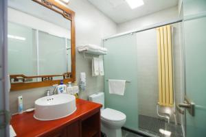 北京北京婧园雅筑宾馆的一间带水槽、卫生间和淋浴的浴室