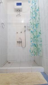 Wli AfegameWli Water Heights Hotel的一间带蓝色淋浴帘的淋浴的浴室
