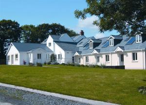 滕比Sunflower Apartment, Family accommodation Near Tenby in Pembrokeshire的一排蓝色屋顶的白色房屋