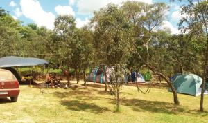 圣托梅-达斯莱特拉斯Camping do Delei的一群帐篷和一群人坐在树下