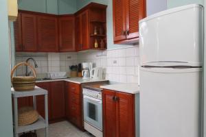 罗索The AnSwin Apartment的厨房配有木制橱柜和白色冰箱。