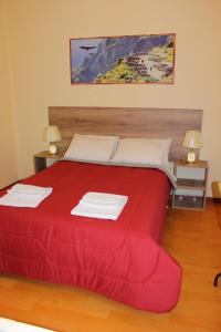 阿雷基帕Holidays Hostel Arequipa的一间卧室配有一张红色的床和两盏灯