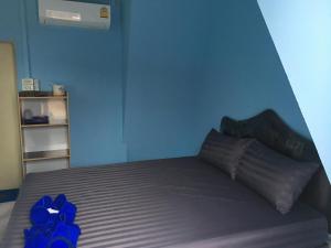 拉差汶里Bangkado Resort的蓝色卧室,配有蓝色墙壁的床