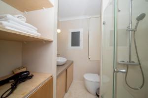 埃斯普霍斯Apartamentos Roca Plana的带淋浴、卫生间和盥洗盆的浴室