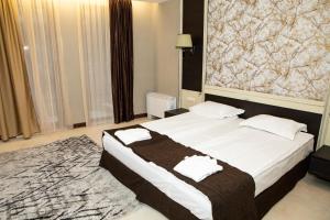 桑丹斯基Family Hotel Edia-Sandanski的酒店客房设有一张大床和地毯。