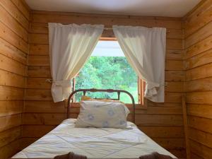 PoásLa Cabaña Poas的木制客房的一张床位,设有窗户