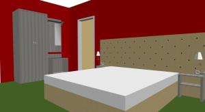 PeitzGasthaus Schillebold的卧室设有白色的床和红色的墙壁