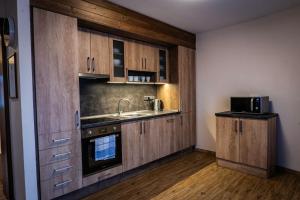 温佩尔克Vila Albrecht Vimperk的厨房配有木制橱柜、水槽和微波炉