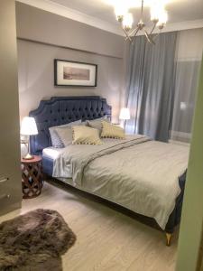 亚洛瓦Yalova_Merkez的一间卧室配有一张大床和蓝色床头板