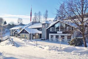 康斯博Kongsberg Hostel-Vandrerhjem的一座大建筑,雪上挂着旗帜