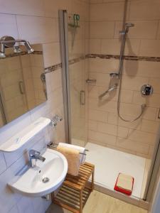科赫姆Altstadt Hotel Cochem的带淋浴、盥洗盆和淋浴的浴室