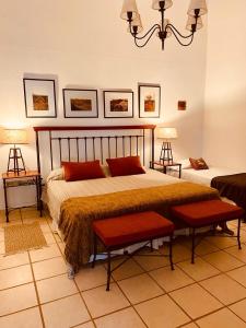 ChañarmuyoChañarmuyo Casa de Huéspedes的一间卧室配有一张带红色枕头的大床
