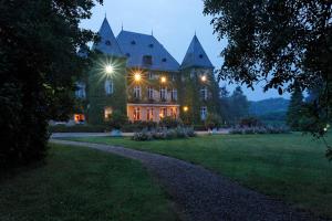 赫黑维尔达多门尼勒城堡酒店的一座大房子,晚上有一条通往房子的路径