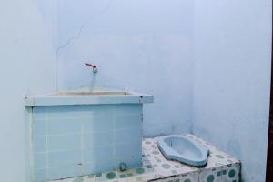 班图尔Losmen Parikesit的铺有瓷砖地板,设有带蓝色卫生间的浴室。