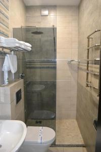 斯拉夫西克Hotel Complex Dvir Kniazhoiy Korony的带淋浴、卫生间和盥洗盆的浴室