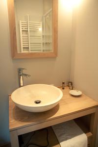 伊薇特河畔比尔圣母城堡的一间带水槽和镜子的浴室