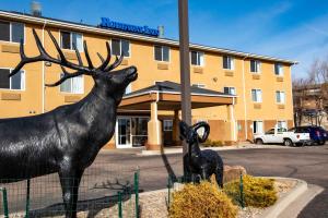科罗拉多斯普林斯Rodeway Inn Central Colorado Springs的鹿和小鹿的雕像,在旅馆前