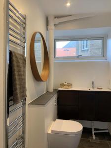 哥本哈根ApartmentInCopenhagen Apartment 1423的一间带卫生间、水槽和镜子的浴室