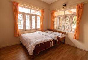 博卡拉新旅者旅馆的一间卧室设有一张床和两个窗户。