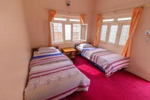 博卡拉新旅者旅馆的带2扇窗户的客房内的2张床