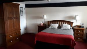 GraiguenamanaghWaterside Guesthouse的一间卧室配有一张带红色毯子和木制橱柜的床。