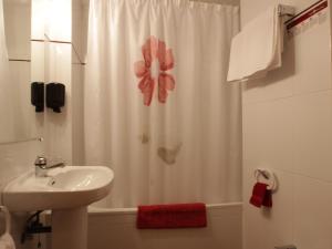 维耶拉Hotel Ostau d'Òc的浴室设有水槽和带有花卉的浴帘