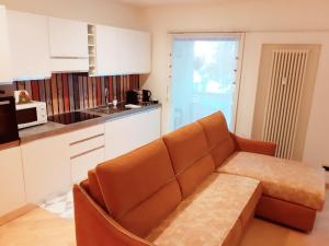 博尔扎诺Appartamento ospitale的客厅设有沙发,厨房设有