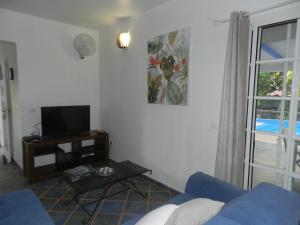 勒穆莱VILLA LE BORD BLEU的客厅配有蓝色的沙发和电视