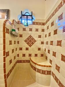 阿吉吉克Casa del Sol Inn的一间带淋浴的浴室,配有瓷砖墙壁